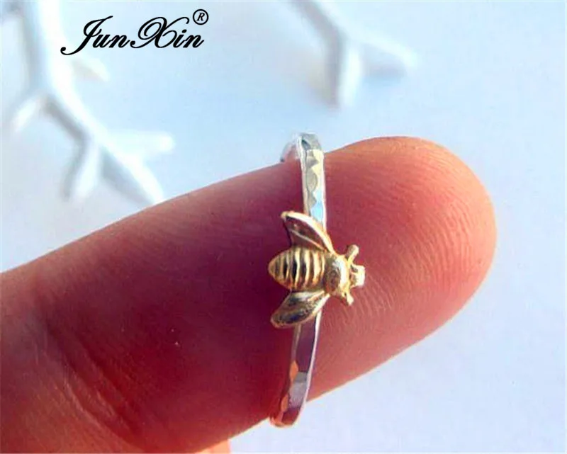 JUNXIN Female Male Cute Small Gold Bee Rings For Women Men 925 Silver Filled Stackable Joint Midi Ring Minimalist Jewelry Gifts