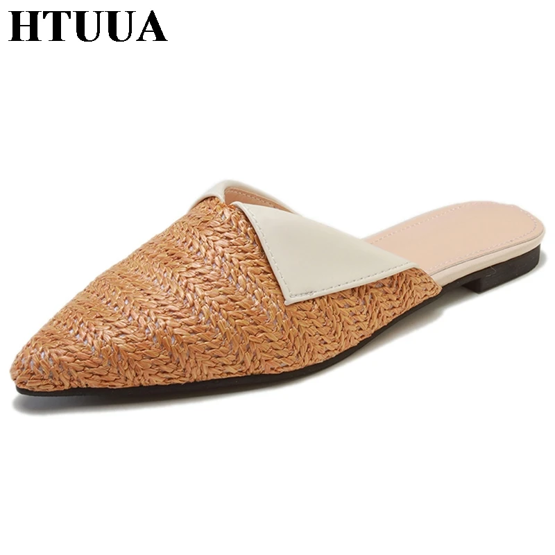 HTUUA/2019 г. женские шлепанцы Туфли сабо с острым носком на плоской подошве летние