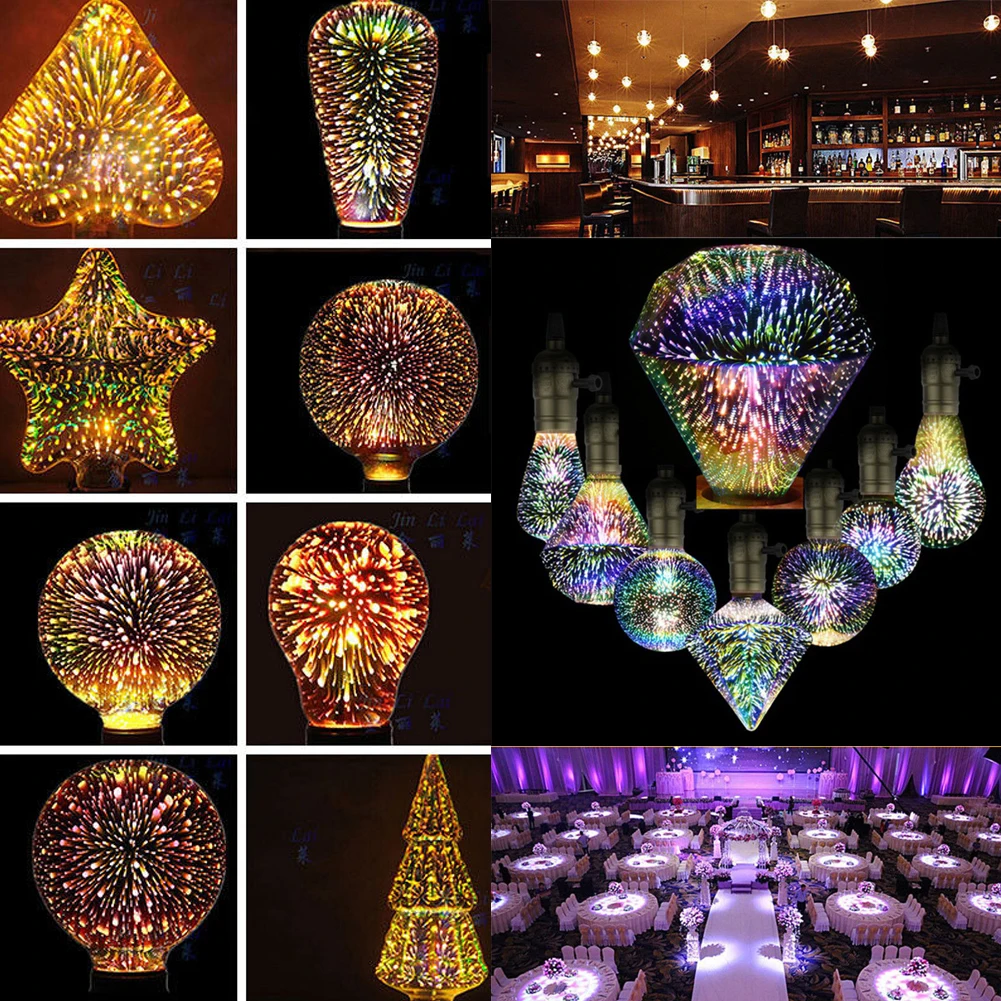 Новинка для рождественской вечеринки Творческий 3D светодиодный фейерверками яркого E27 Эдисон лампы Винтаж Красочные на Рождество вечерние