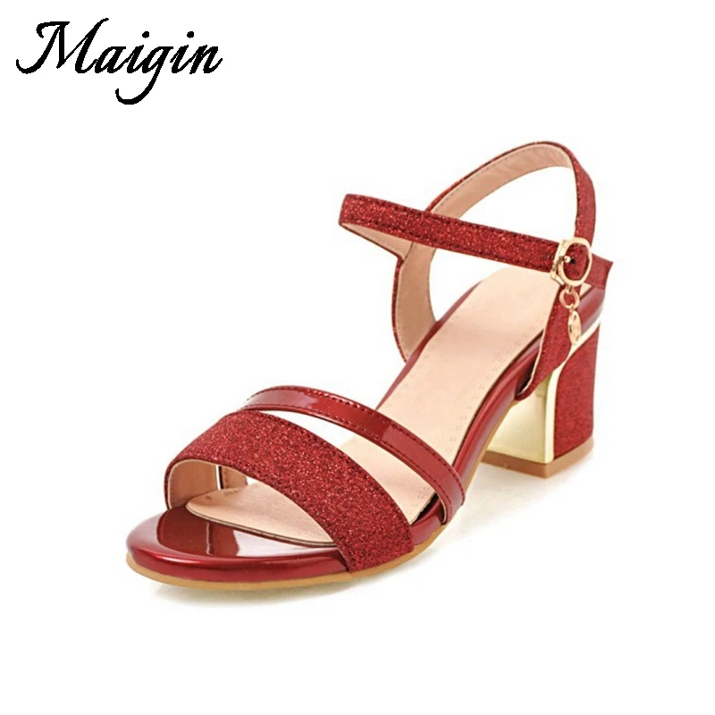 Maigin 2018 New Summer Red Block Heels Buckle Strap High Heels Sandals Women Open Toe Ladies Sandals Footwear Woman Casual Shoes