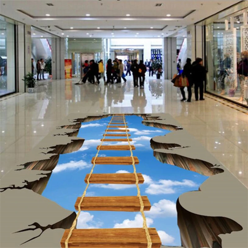 

beibehang Custom Floor Decorations Draw 3D Walkway Hallway Living Room Wooden Bridge on the Sky 3D Floor Painting wallpaper