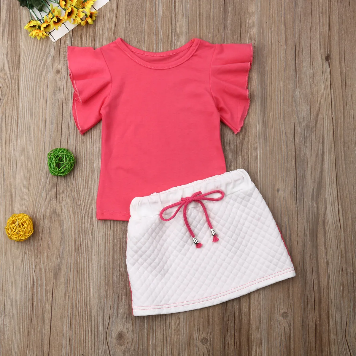 UK/детская футболка для маленьких девочек, однотонные топы с оборками на рукавах, юбка, платье, летняя одежда, комплект для девочек