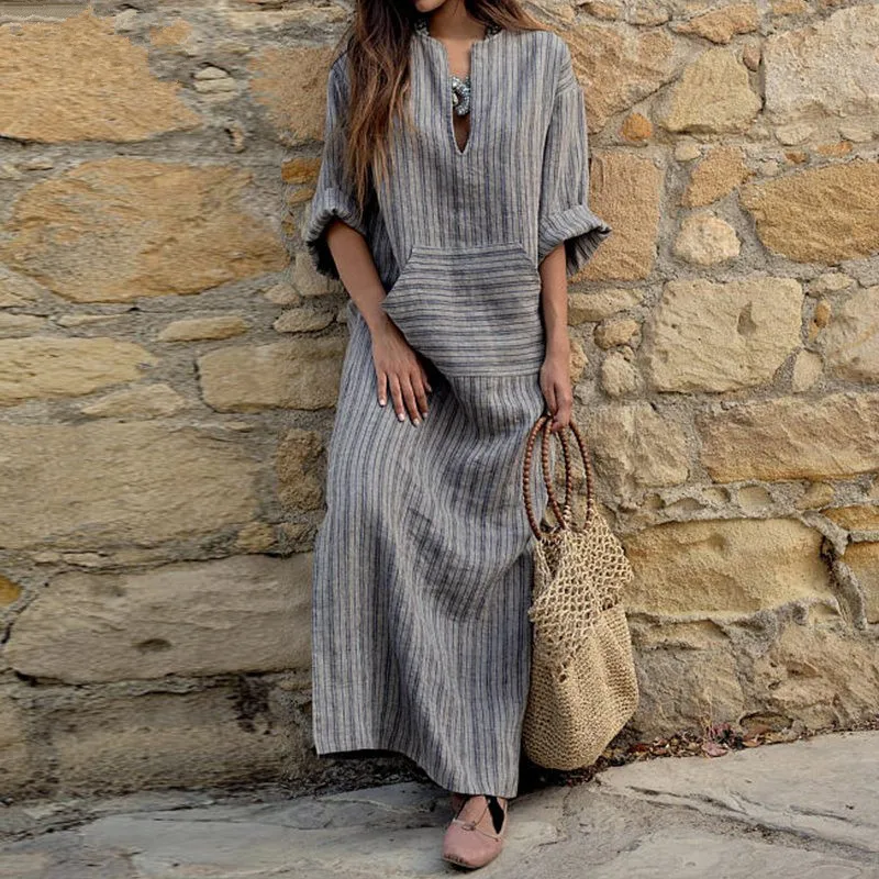 2018 Autumn Women Striped font b Dress b font Sexy V Neck Long Sleeve Maxi Long