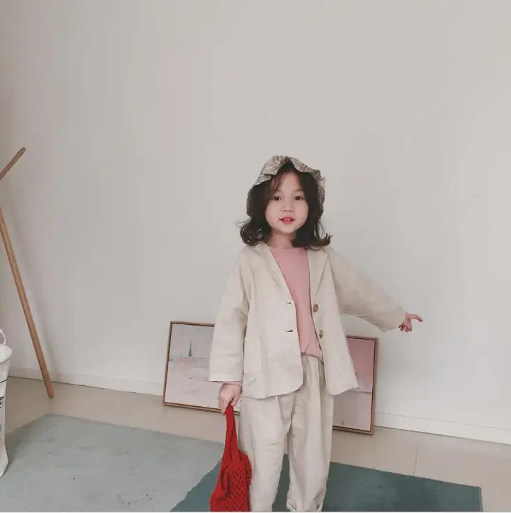 

2019 Wholesale Girls Boys 2 Pcs Set Coat+Long Pants Spring Cotton Linen Fashion Kids Suits 1-6t PE835