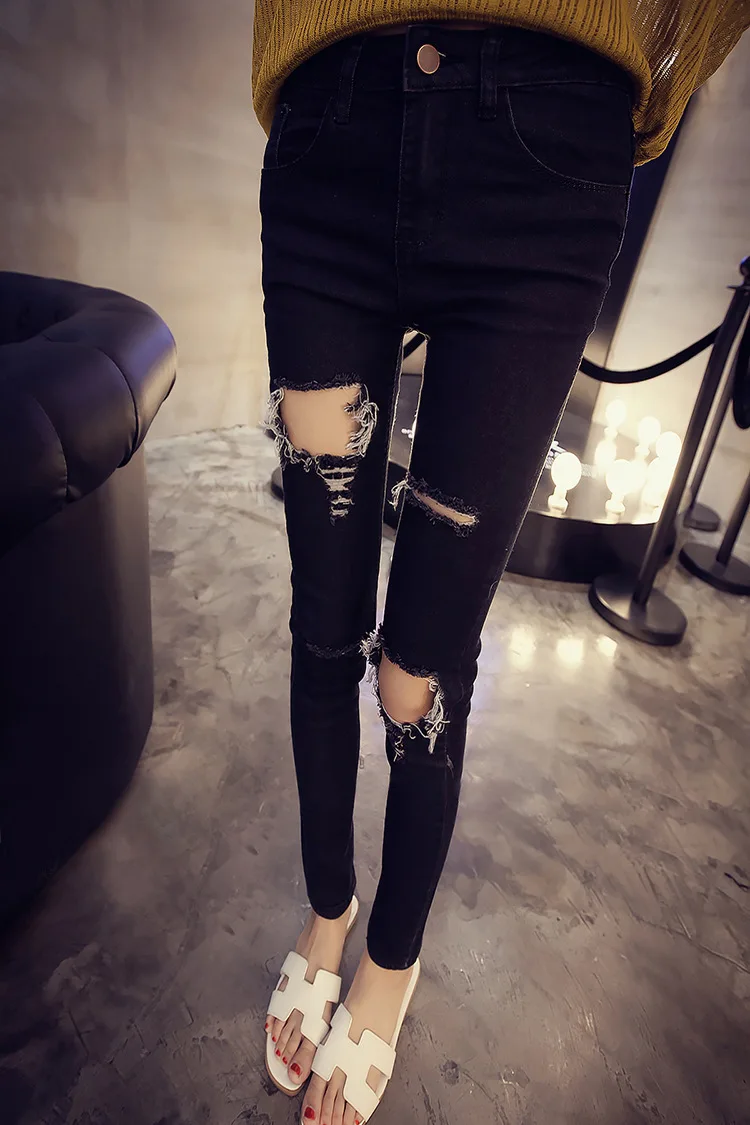Новые корейские дырявые женские джинсы эластичная манжета узкие брюки хит - Цвет: black