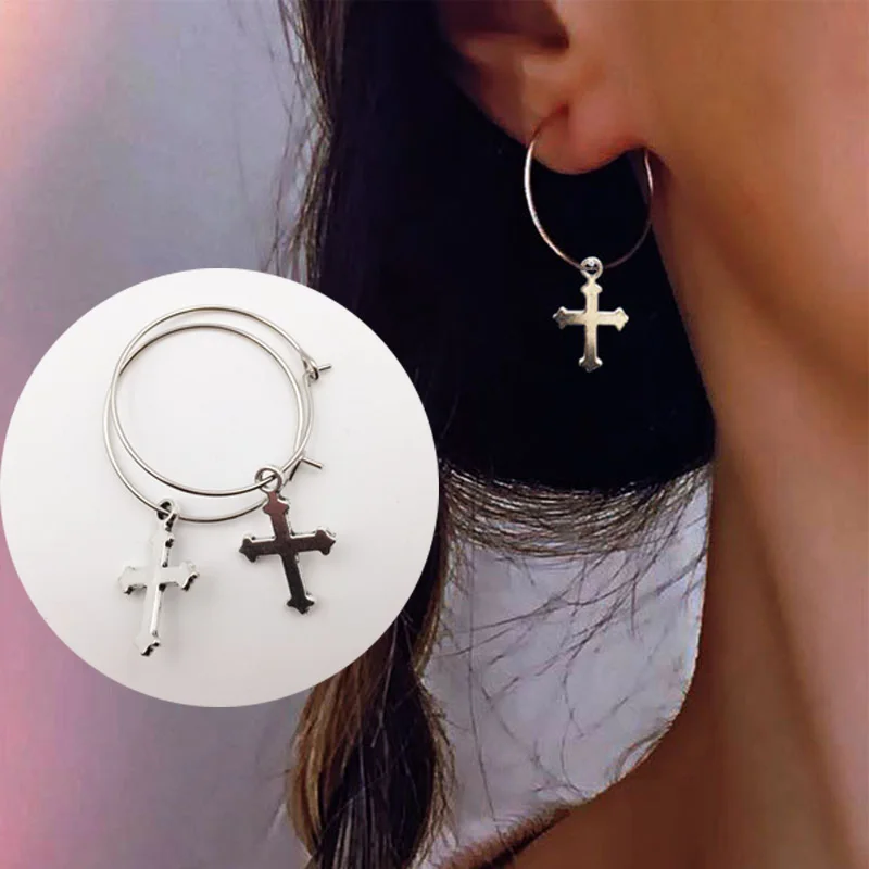 

Minimalist Silver Color Small Hoop Earrings With Cross Pendant Women's Vintage Cross Charm Hoops Ear Jewelry Holiday Gift