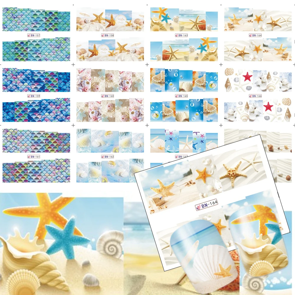 12 видов стилей Лето водные татуировки оболочки/раковины/Морская звезда/Sandbeach Дизайн Ногтей Полное покрытие крутой дизайн ногтей наклейки TRBN157-168