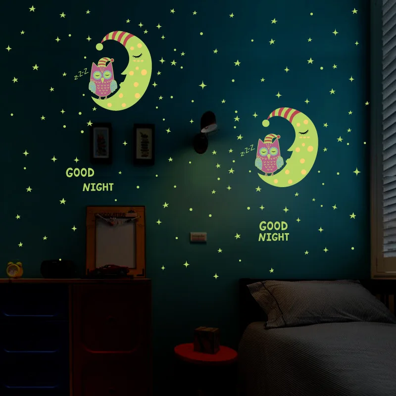 Светящаяся Сова Луна Звезда Наклейка на стену звезды светятся для детских комнат светится в темноте домашний декор хорошая ночь флуоресцентная Фреска плакат