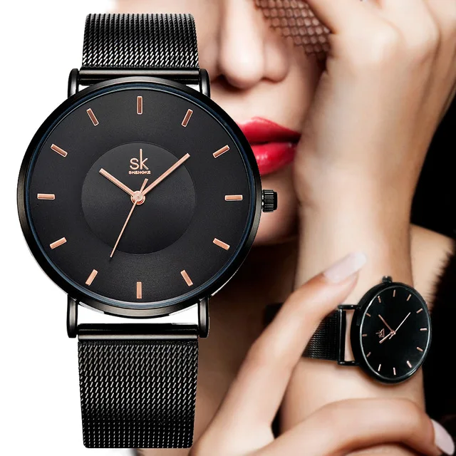 

Shengke Fashion Black Women Watch 2019 High Quality Ultra thin Quartz Watch Woman Elegant Dress Ladies Wristwatch Montre Femme