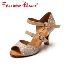 Шикарные Стразы, украшенные двойными ремешками, с пряжкой, Женские Потрясающие танцевальные туфли, туфли для латинских бальных танцев, темно-коричневые