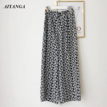 

AIYANGA Casual Beach Style Womens Trousers 2018 Summer Wide Leg Pants Female Loose Big Size High Waist Print Pant For Women