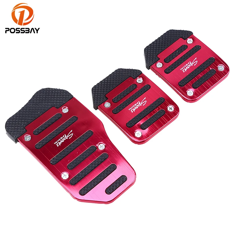 POSSBAY 3 Pcs Aluminum Non Slip Pedal Pads Red Car Brake Pedal Cover