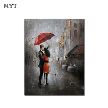 

Unframed Handmade Romance Couple Rain Day Street Landscape Poster Oil Painting Wall art Picture For Living Room home decor