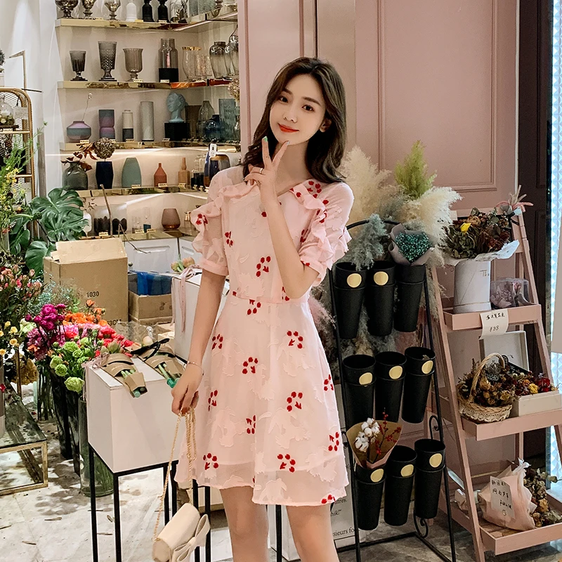 EAD Korean Style V Neck Summer Dress Elegant Floral Embroidery Pink Ruffle Women Chiffon Mini Dresses High Waist Sexy Vestidos EAD Korean Style V Neck Summer Dress Elegant Floral Embroidery Pink Ruffle Women Chiffon Mini Dresses High Waist Sexy Vestidos