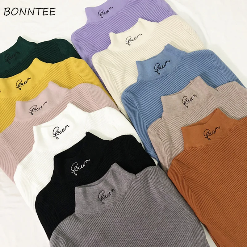 

Pullovers Women Candy Color Simple All-match Slim Soft Knitting Daily Ladies Turtleneck Elegant Sweaters Womens Chic Korean