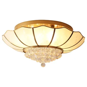 

American real brass ceiling lights Europe foyer bedroom restaurant K9 crystal ceiling mounted lamps all copper lighting fixture