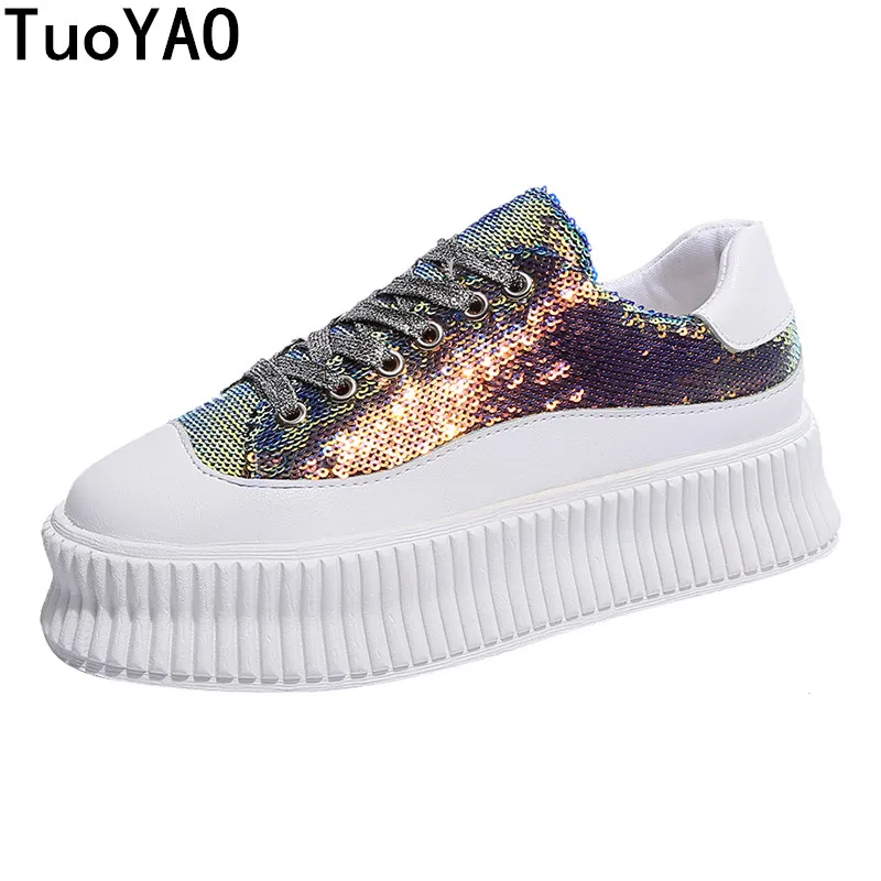 

Spring Women Flats Shoes Platform Lace-Up Flat Moccasins Loafers Women Increasing Shoes Casual Lady Sneaker Bling Creeper