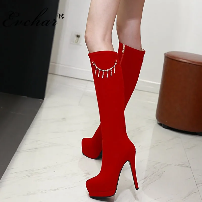 EVCHAR Women hot sale knee high boots pointed toe platform shoes red ...