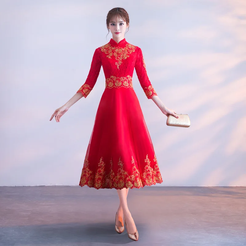Красное кружевное платье с вышивкой в восточном стиле, китайское винтажное традиционное свадебное платье Ципао, длинное платье Ципао размера плюс XS-3XL - Цвет: style F