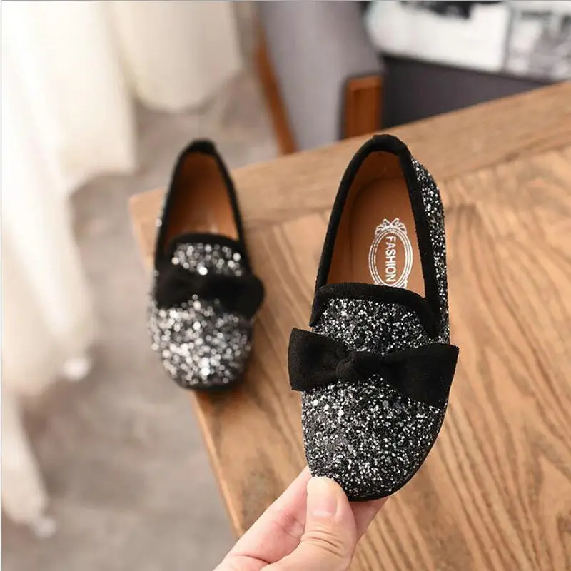 

Girls Princess Bow Kids Shoes Fashion Sequins Glitter PU Leather Kids Flats Children's Loafers Party Wedding Single Shoes