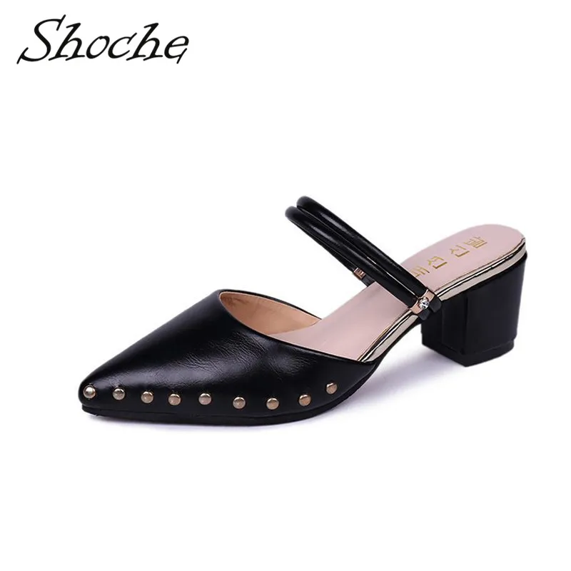 

Shoche Women Summer Pumps Pointed Toe Mid Heels Sandals Femme Rivet Punk Footwear Square Heel Sandals Plus Size Big Size