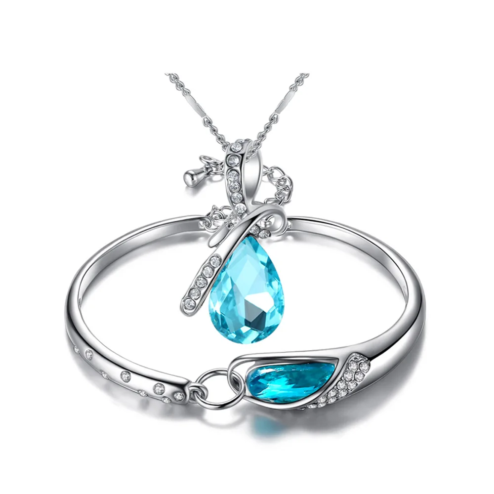 Christmas Gift Jewelry Set with Bracelet Pendant Necklace Blue Glass