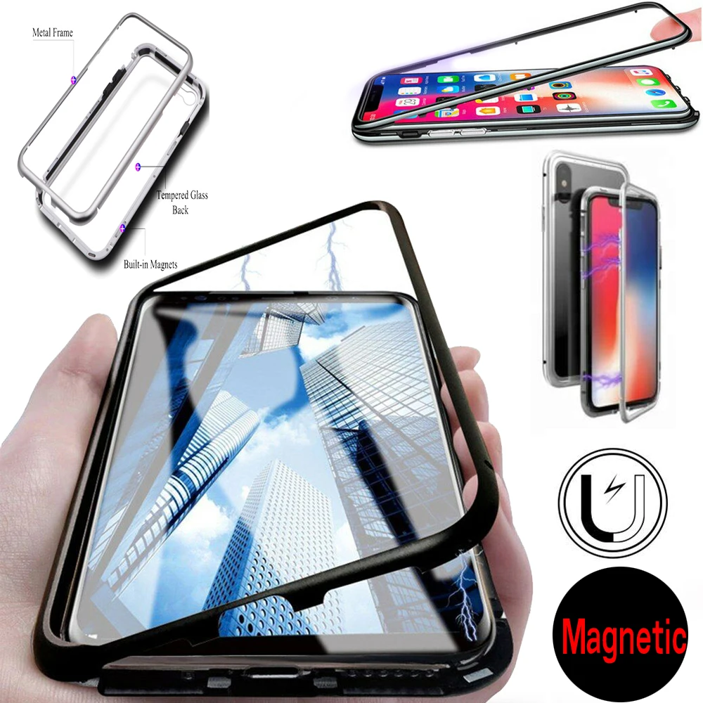 Metal Magnetic Adsorption Case For iphone 7 8 Plus Case For iphone X XR XS Max 6 6S Phone Tempered Glass Magnet Protective Cover