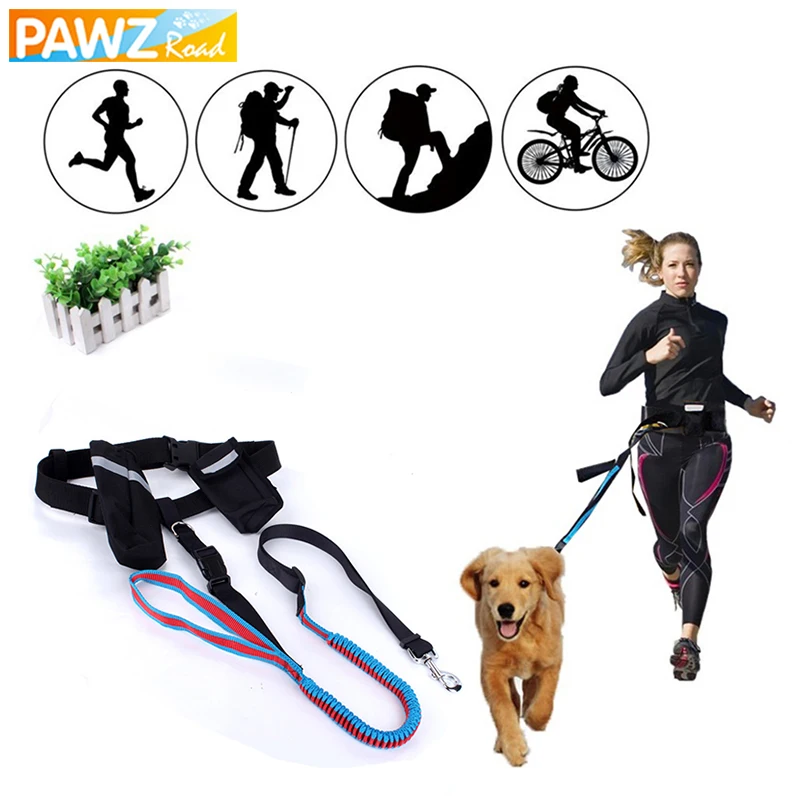 

PAWZRoad Hand Free Pet Dogs Waist Leash for Running Elasticity Adjustable Dog Harness Collar Jogging Walking Leads with Food Bag