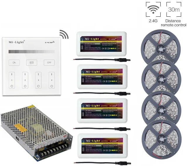 

5~20m 5050SMD Single Color Led Strip+Mi.light Led Dimmer Controller+2.4G B1 Wall Mount Smart Touch Panel Remote+12V led adapter