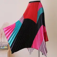 Лето, модная разноцветная плиссированная юбка с неровным низом и эластичной талией