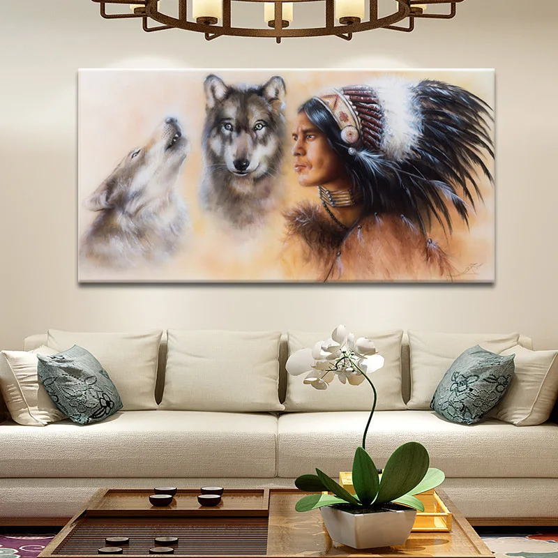 

Native American Indian Girl Woman White Black Wolf Wall Art Canvas Vintage Posters Print Pictures for Living Room Decor