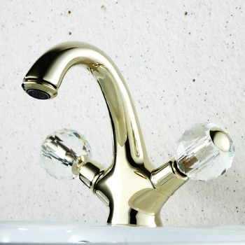 

Fapully Crystal Gold Bathroom Basin Tap Dual Handles Vanity Sink Mixer Tap Deck Mounted Bathroom Faucet