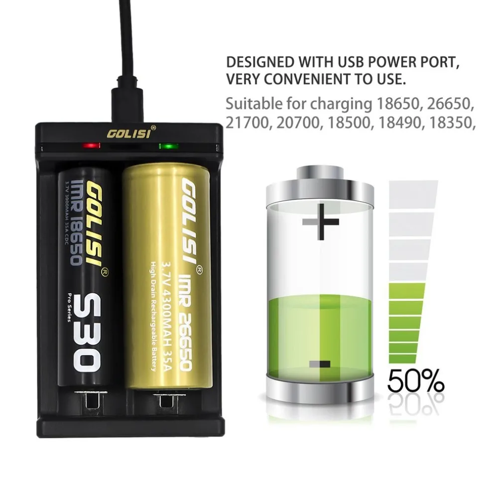 Golisi иглы 2 зарядное устройство 2 слота перезаряжаемые батарея зарядное устройство с В USB мощность порты и разъёмы 5 в 1A для 21700 26650 18650 Li-ion