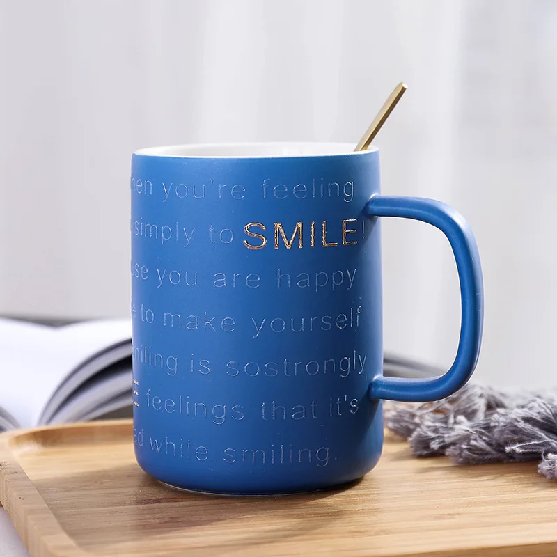 buy Glod Smile Positive Letter Coffee Mug with Glod Lid Spoon Ceramic Tea Cup Gift for Women Girls 400ml