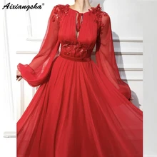 Красные мусульманские Вечерние платья А-силуэт с длинным рукавом шифон кружево исламский Дубай Кафтан Саудовская Арабская длинное вечернее платье для выпускного вечера