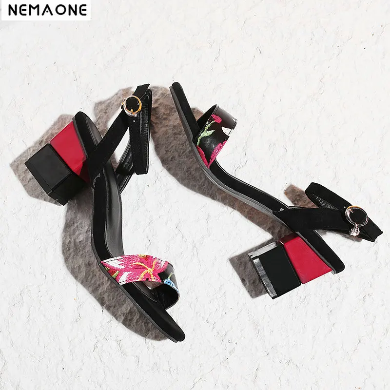 

NEMAONE 2019 Summer Woman sandals 7cm mixed colors High Heels Sandals Female black apricot Lady Strappy Chunky Shoes
