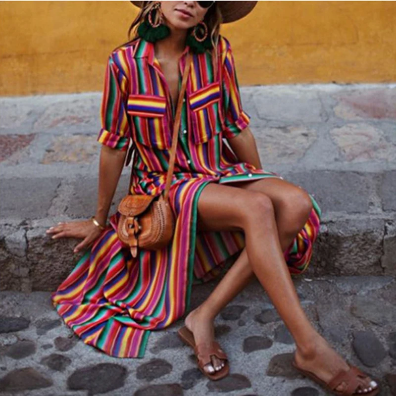 

Bohemian Buttons Long Shirt Dresses Autumn Women Long Sleeve Maxi Dress New Fashion Hot Sexy Fit Beach Casual Dress