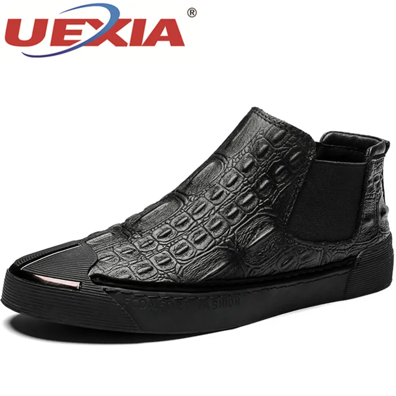 

UEXIA New Men Boots High Quality Leather Men Ankle Boots Fashion Black Shoes Winter Ankle Snakes Patter with Crocodile patter