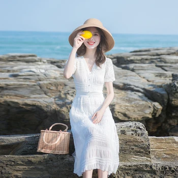 

2019 Summer New Party Beach Dresses Vintage Mid-Length Fashion Temperament Dress College Elegant Sweet Dress