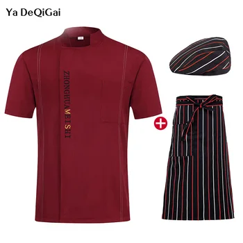 

new Short Sleeve Breathable Restaurant uniform Jacket +Hat +Apron unisex chef coat kitchen shirt in restaurant shirt men chef
