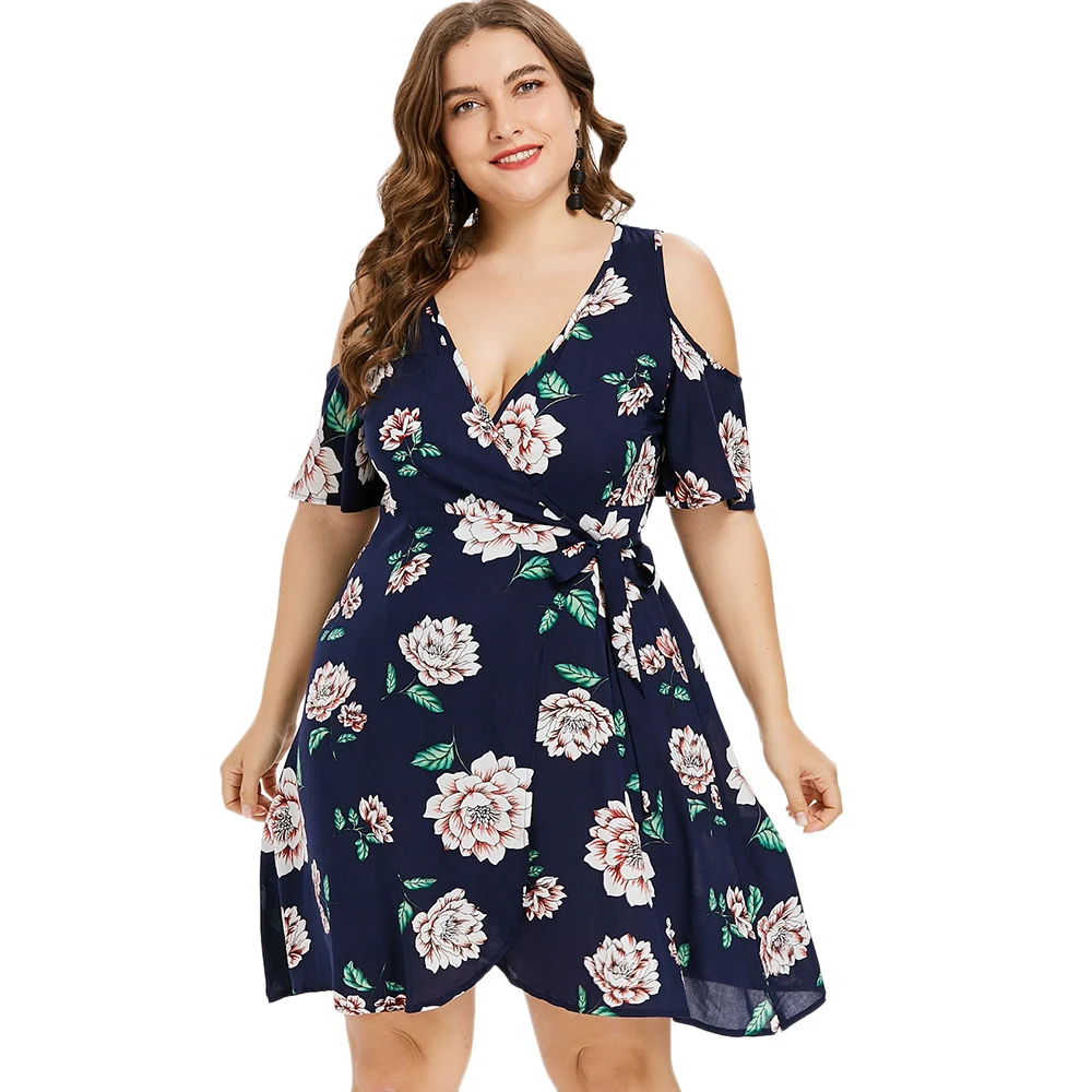Gamiss Summer Plus Size 5XL Cold Shoulder Floral Print Wrap Dress ...