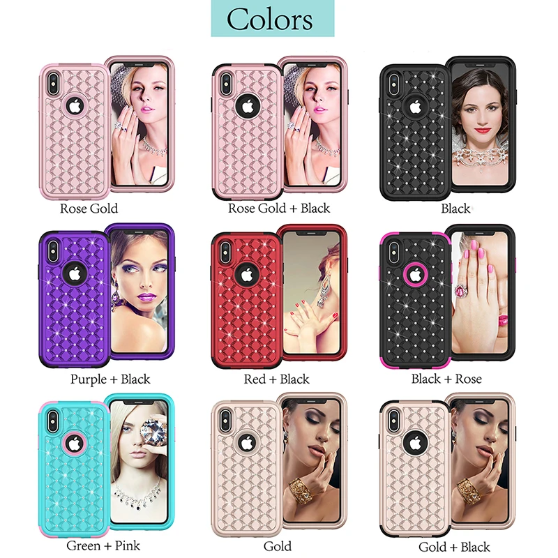 Bling Diamond Shockproof  Armor Case For iphone 11 12 13 Pro XS Max 8 7 Plus Cover 3 in 1 Silicon & PC Full Protection Back Case case for iphone 13 mini