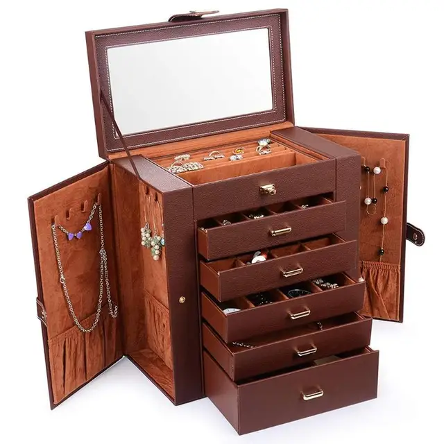Best Price 1PC Faux Leather Jewelry Box Mirror Brown Brush Lip Necklace Ring Storage Lockable Case for Makeup Tool Accessories Best Price 1PC Faux Leather Jewelry Box Mirror Brown Brush Lip Necklace Ring Storage Lockable Case for Makeup Tool Accessories