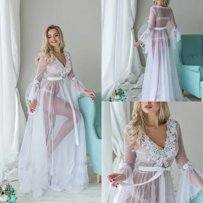 

V Neck See Through Night Robes Custom Made Long Sleeves Lace Applique Plus Size Nightgowns Robes Women Sleepwear