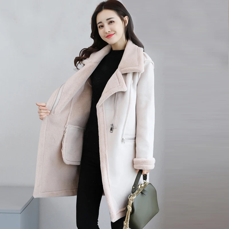 2018 winter Women Suede Leather Coats Long Trench Coats Female Velvetfull Turn-down Collar Fashion Slim PU Warm Jacket QH1231