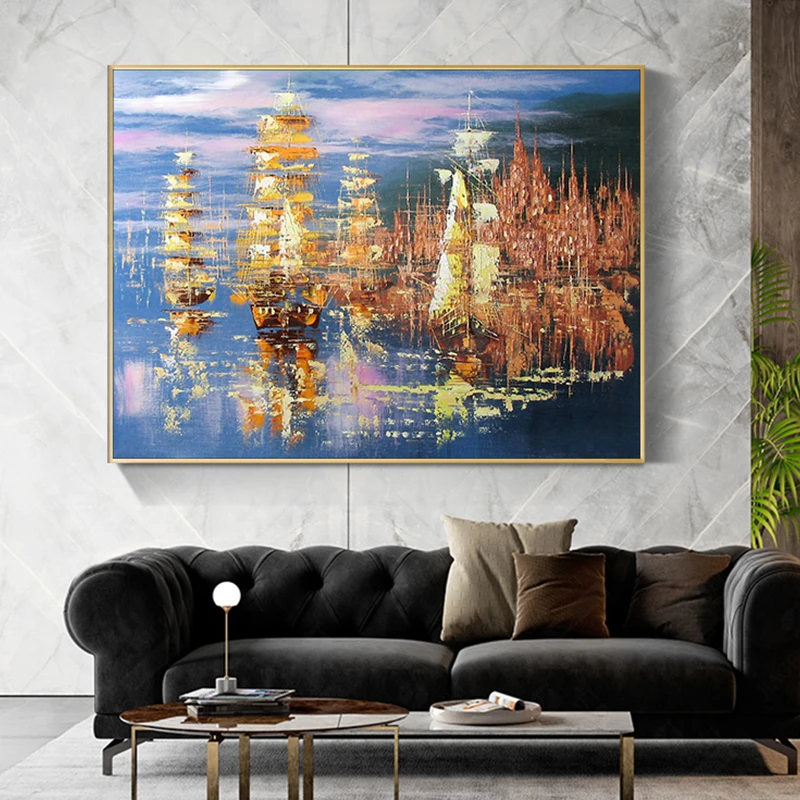 

100% Hand Painted Abstract Sailboat Art Painting On Canvas Wall Art Wall Adornment Pictures Painting For Live Room Home Decor