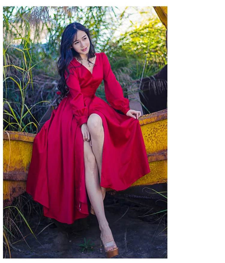 Весна-осень, новинка, женское винтажное элегантное тонкое сексуальное платье с v-образным вырезом, рукавом-фонариком, передним разрезом, красное платье средней длины