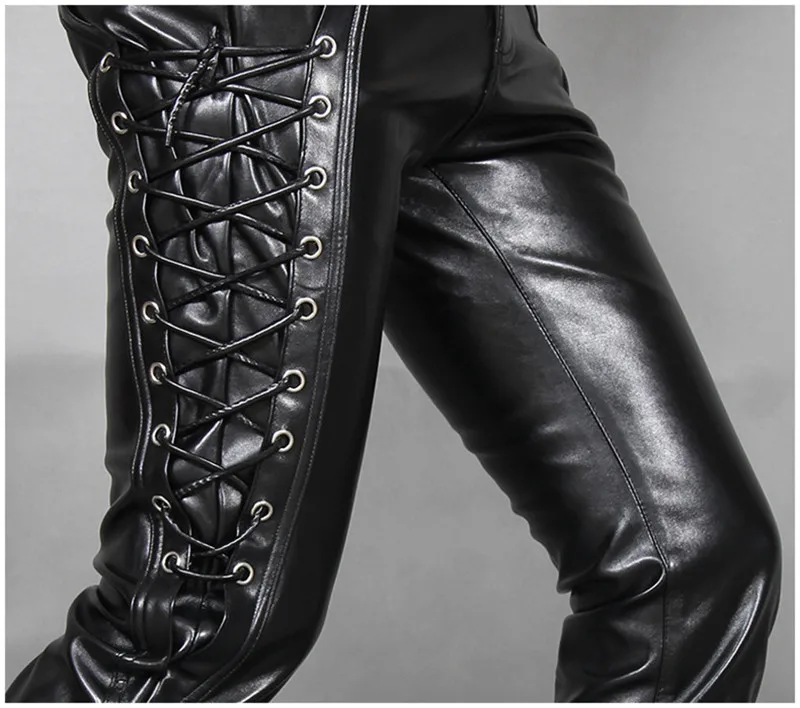 Mcikkny Men's Skinny Biker Leather Pants Fashion Faux Leather Motorcycle Trousers For Male Stage Club Wear  (5)
