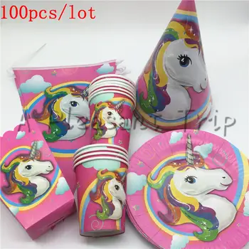 

100pcs / lot Unicorn Theme Birthday Party Supplies Kids Party Decoration Disposable Set Wedding Party Supplies