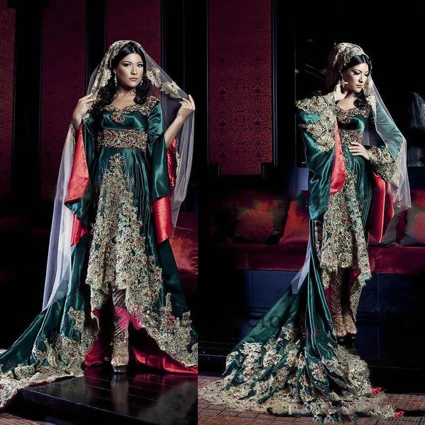 Luxe Dubai Kaftan Emerald Green Avondjurken Arabisch Moslim Lange Prom Dress Applique Lace Kralen robe de soiree Abendkleider